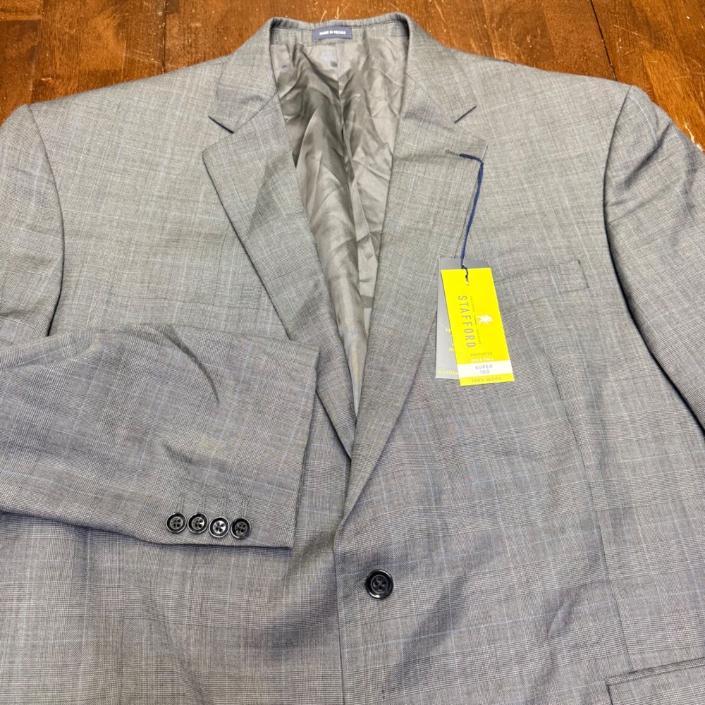 Stafford Sport Coat Mens 52 Gray Glen Check Super 100 Wool Big & Tall Blazer